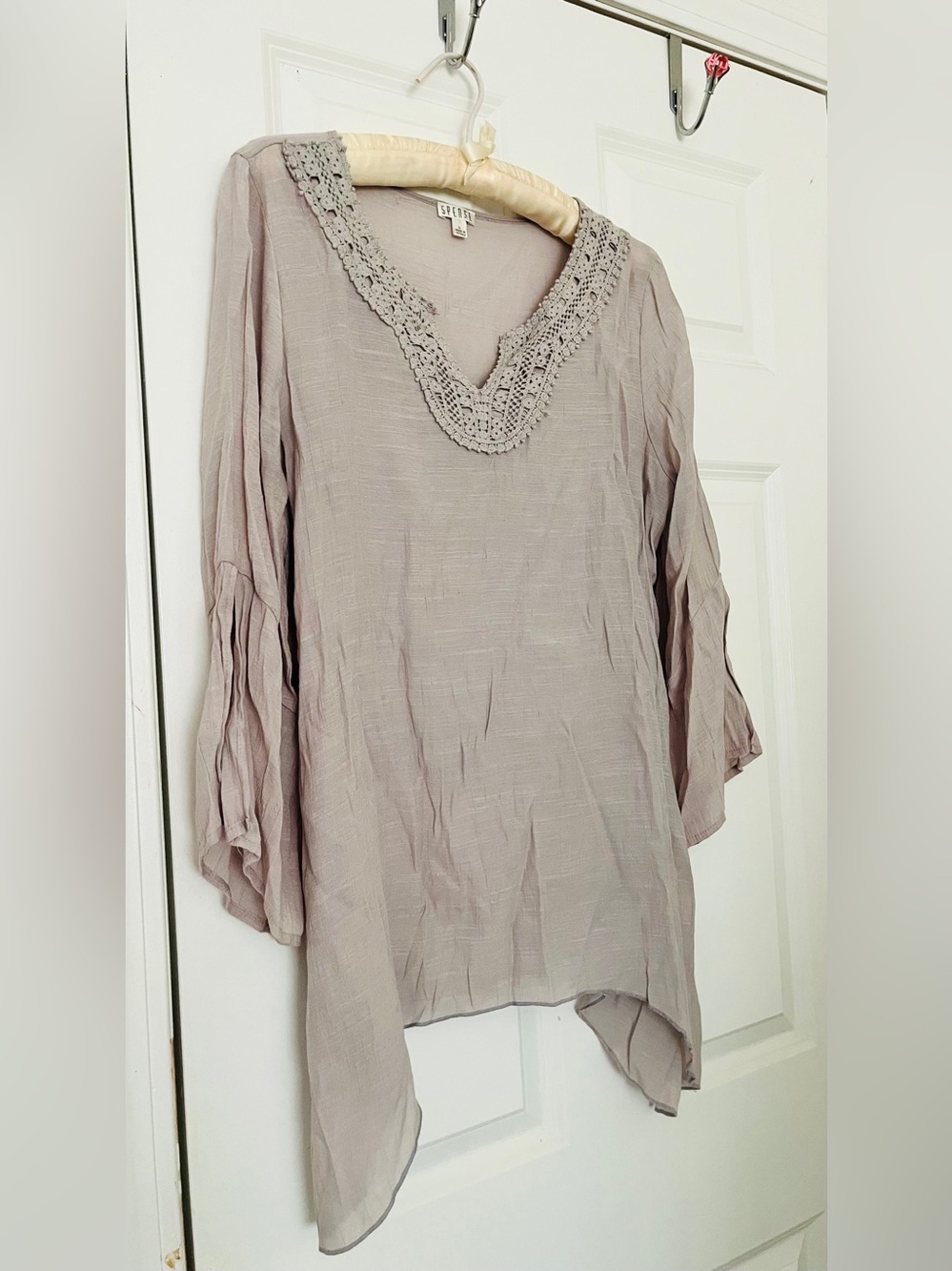Spense Gypsy Crochet-Trim V-Neck Tunic - Taupe Split Bell Sleeves